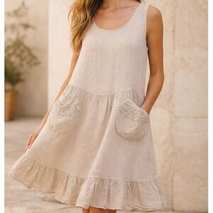 Saga Linen Dress One Size Made in Italy Sleeveless Ruffle Pocket Lagenlook